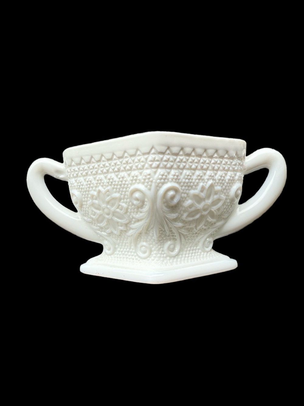 Vintage Milk Glass Double Handle Bowl Pressed Floral Pedestal Dish